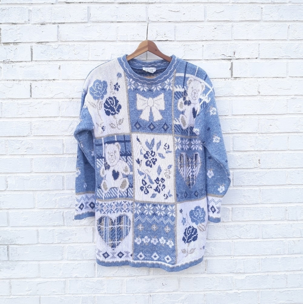 Vintage 80s 90s Bear Print Granny Rose Brand Sweater